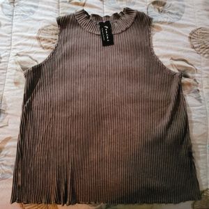 2X Plus Fenini Brown Ribbed Cotton Mock Turtleneck Tank Top